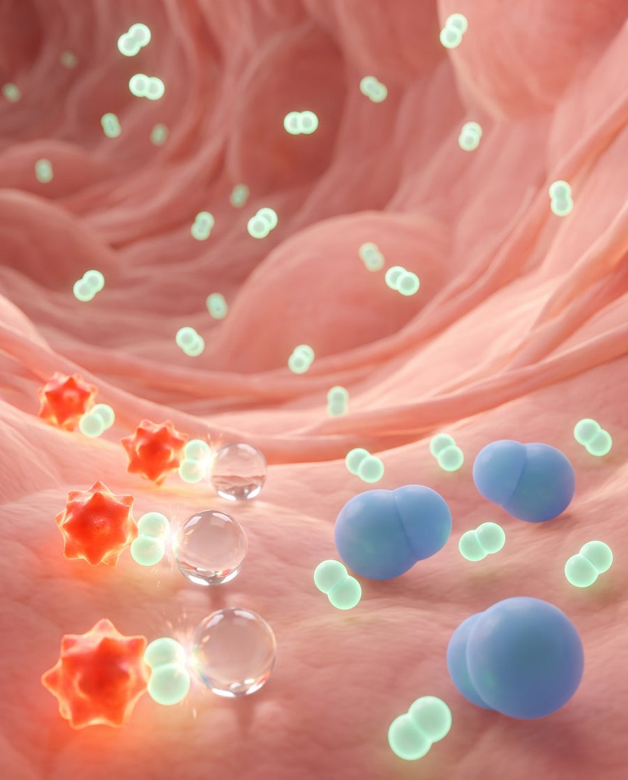Illustration: small hydrogen molecules pairing with harmful radicals and passing by useful molecules