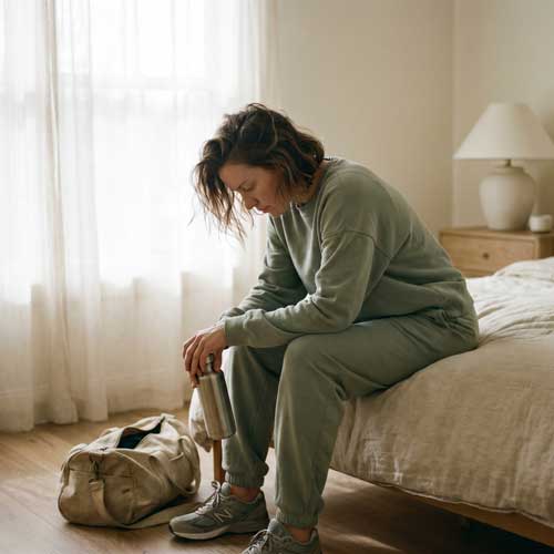 woman sad sitting on bed
