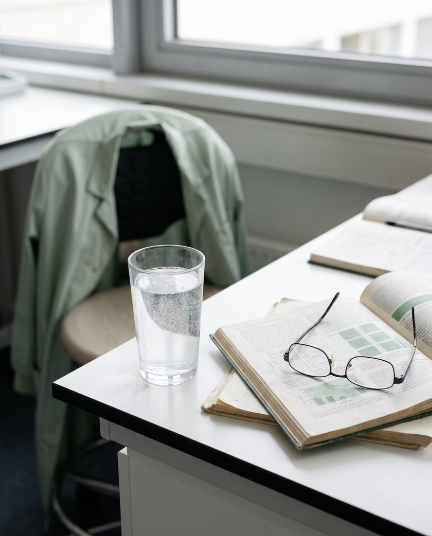 A glass of water fizzing with fine bubbles beside open research journals and reading glasses