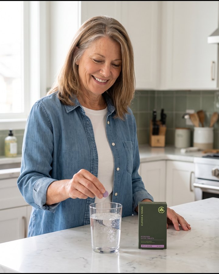 Illustration: a woman in her kitchen dropping one tablet into a glass of water, the Wild Grape box beside it