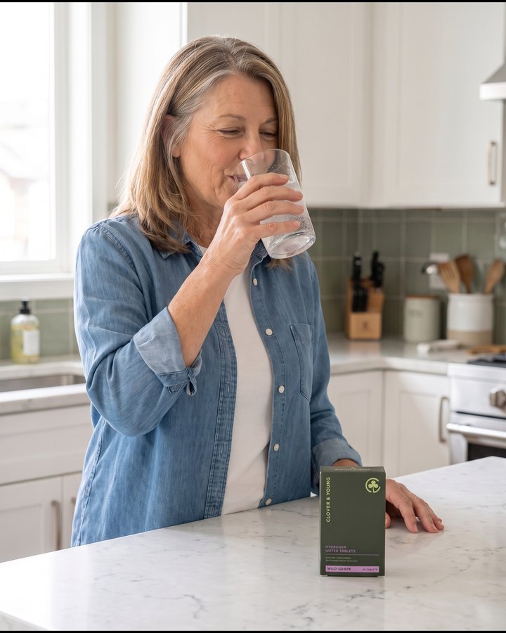 Illustration: she drinks the glass straight away, the box on the counter