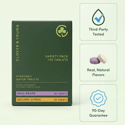 Clover & Young variety pack of 100 hydrogen water tablets in a dark green box, shown alongside three feature callout panels on a pale green background.