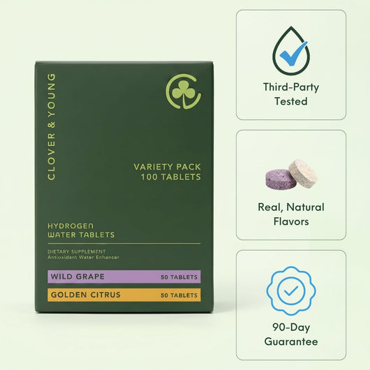 Clover & Young variety pack of 100 hydrogen water tablets in a dark green box, shown alongside three feature callout panels on a pale green background.